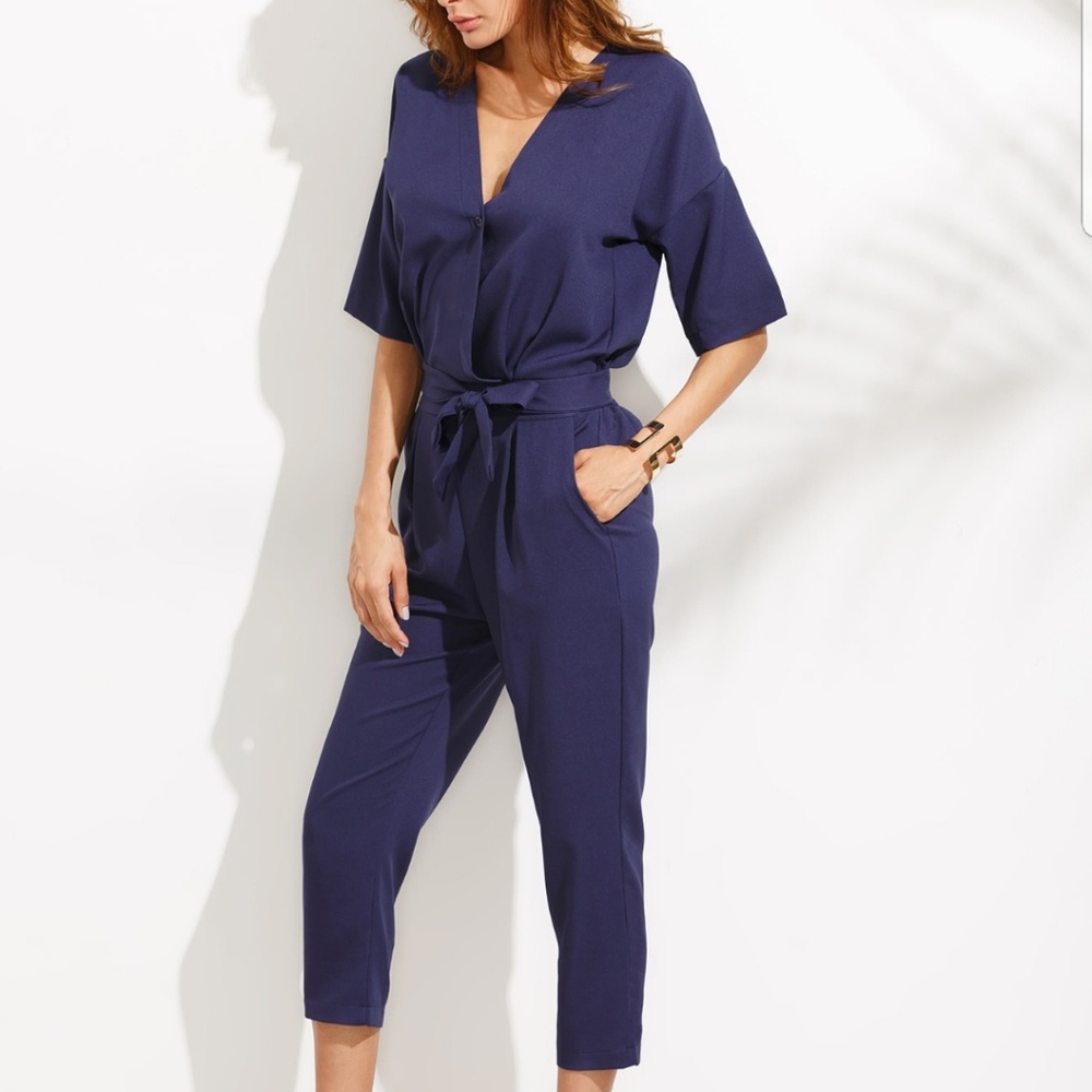 Drop shoulder navy blue jumpsuit